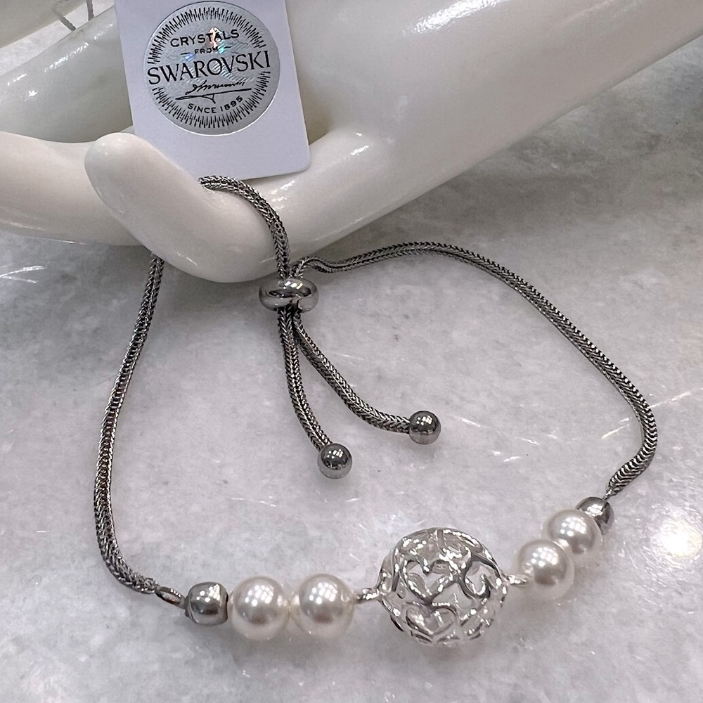 SWAROVSKI White Pearl Crystal 925S Open Heart Ball Charm BOLO Bracelet